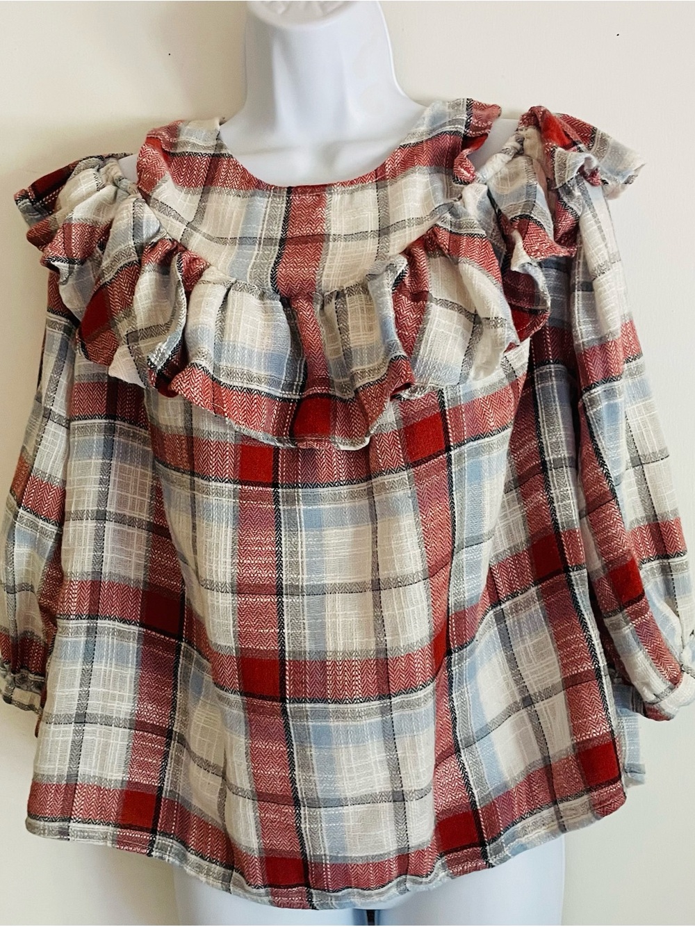 Doe & Rae Cold Shoulder Plaid Ruffle Flannel Top - Picture 2 of 11